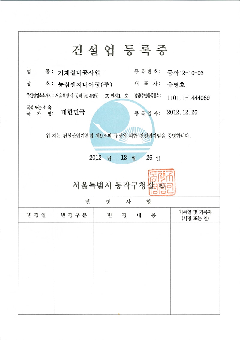 scanned Image of construction business registration certificate