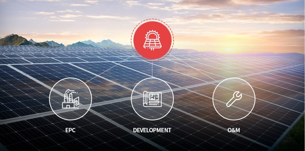 Icon of solar panel connecting to icons of factory, design drawing and mechanic tool